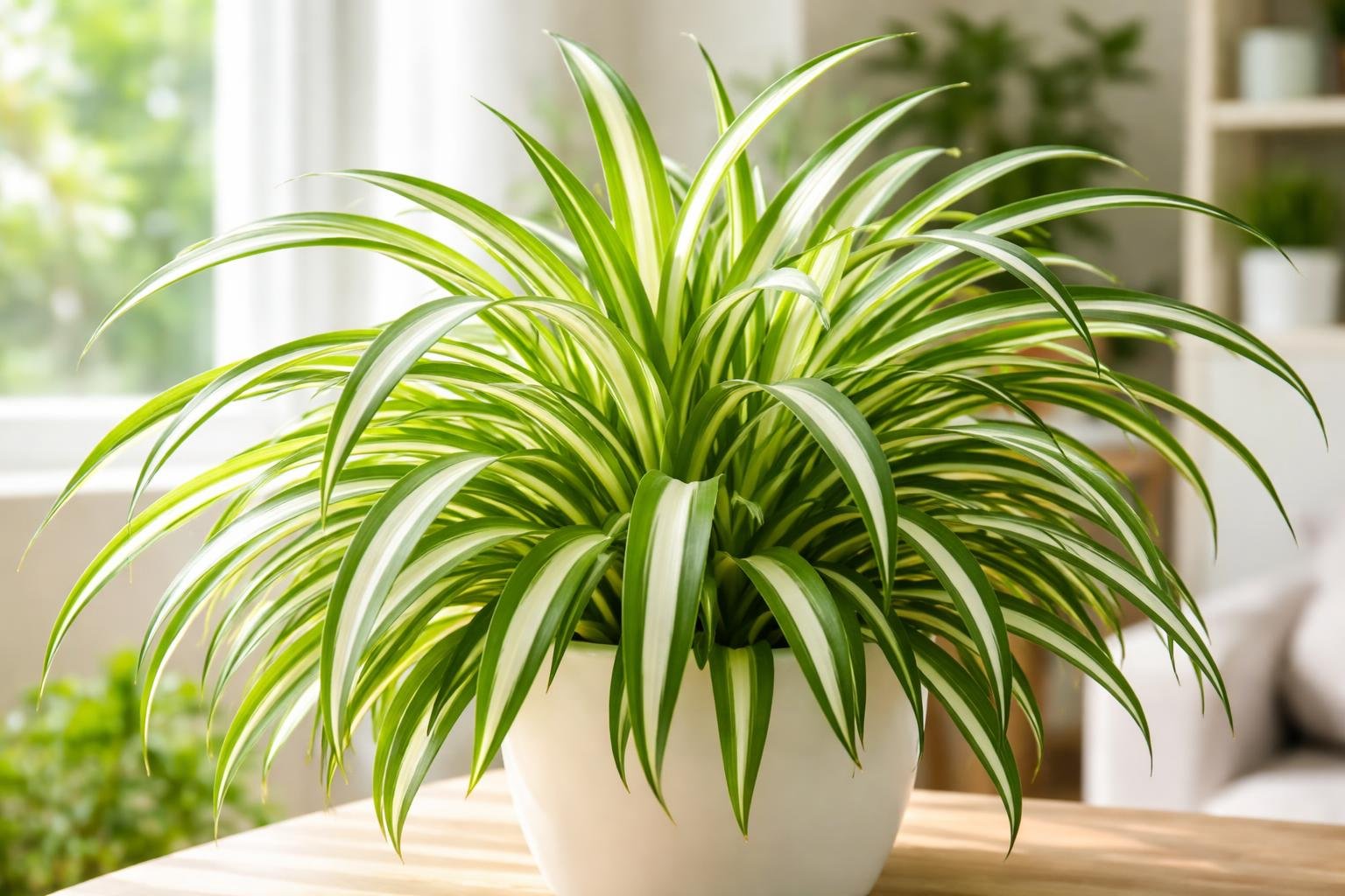 A healthy spider plant with long green and white striped leaves near a bright window in a home interior.