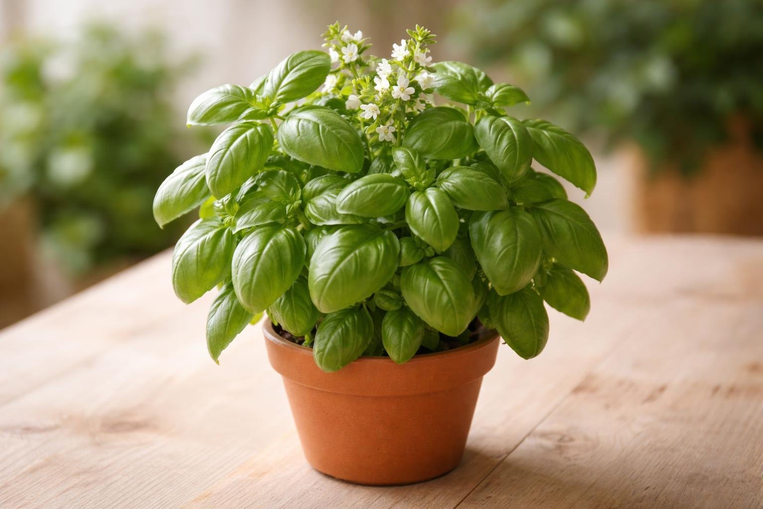 A healthy basil plant with green leaves and white flowers in a terracotta pot on a wooden surface.