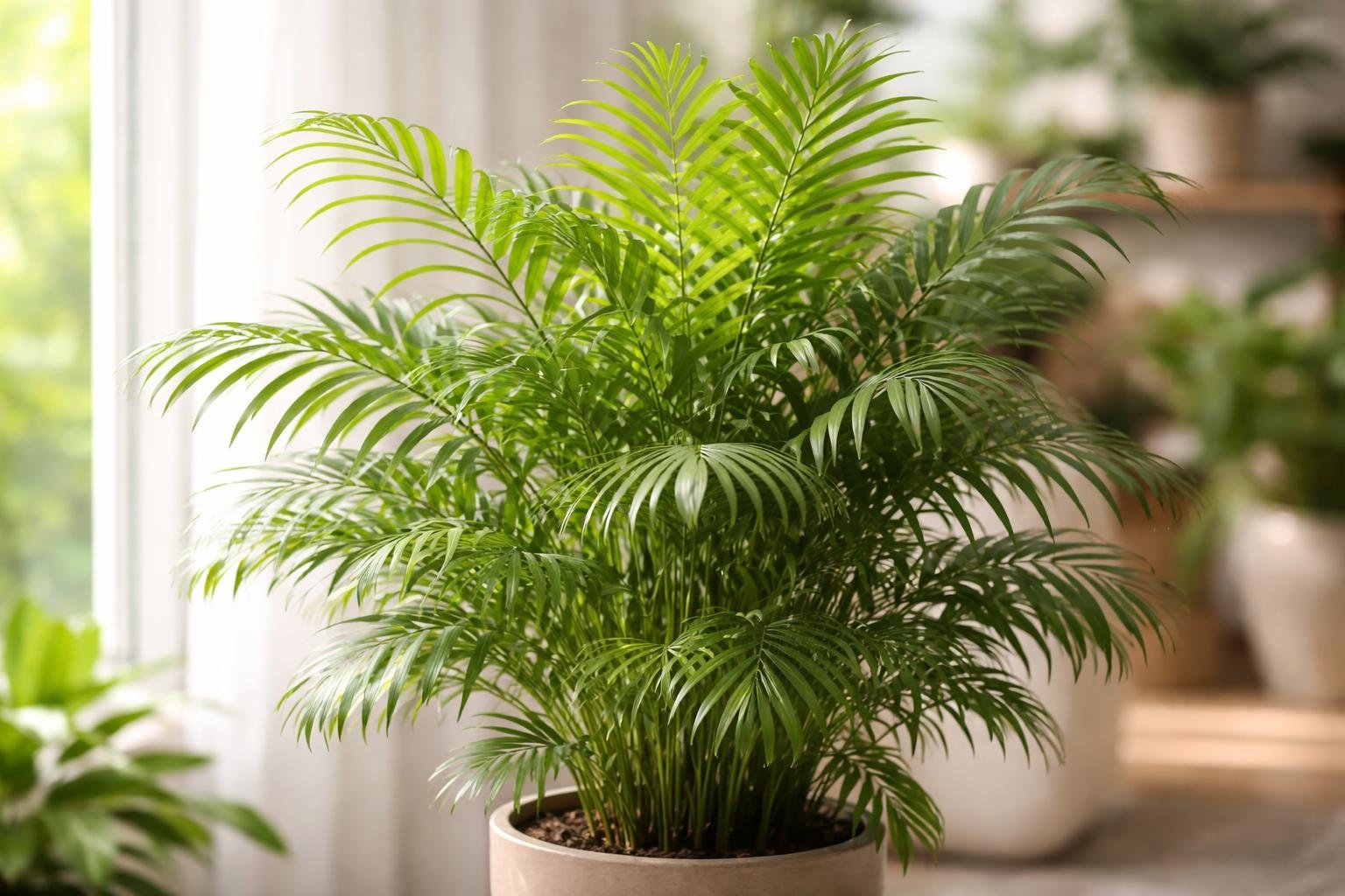 A healthy Parlor Palm plant with green fronds indoors near a bright window.