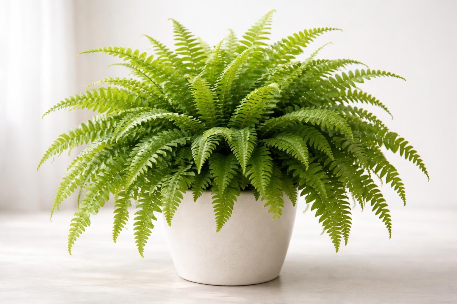 A healthy Boston fern plant with green feathery leaves in a pot against a plain background.