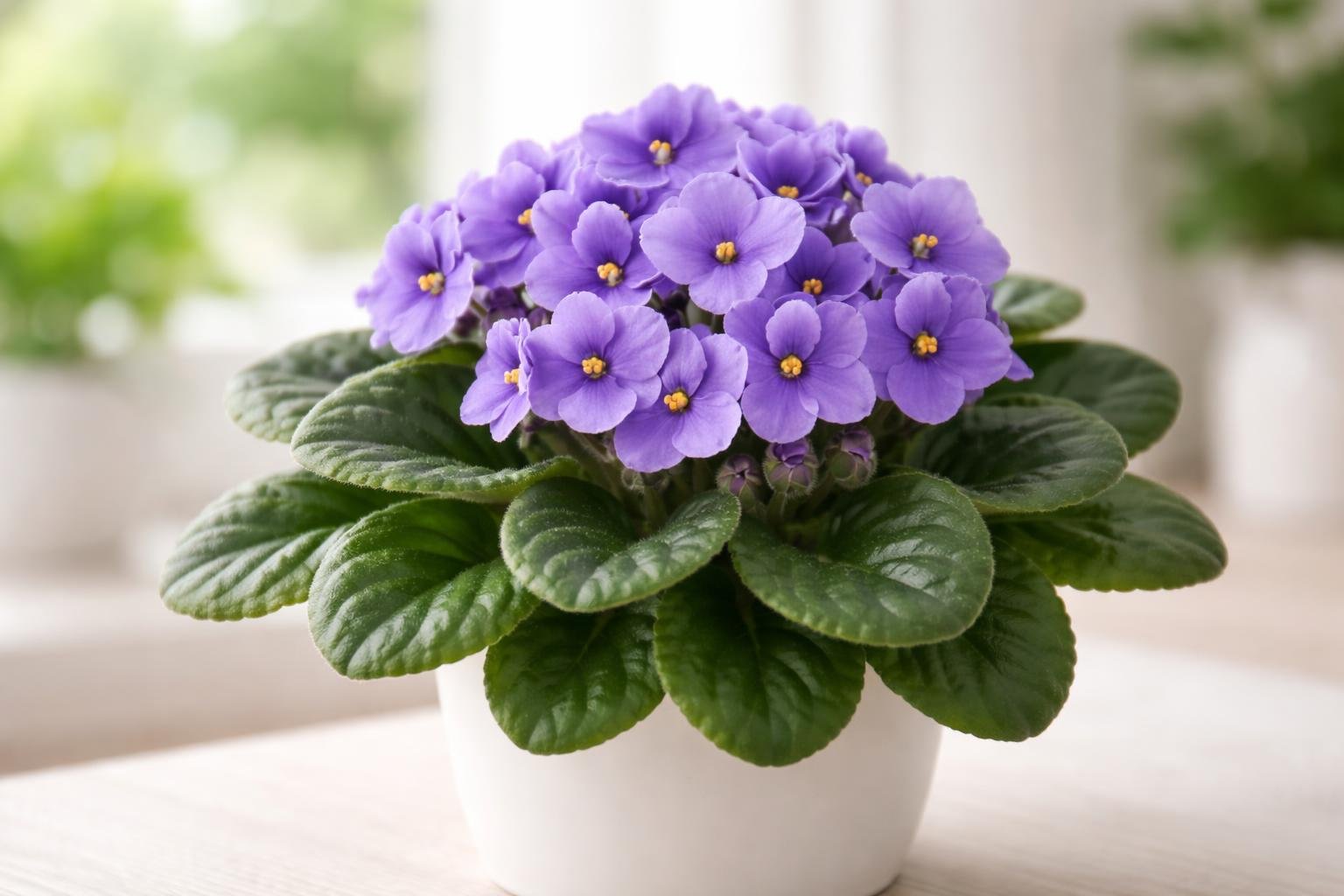 Close-up of a blooming African violet plant with purple flowers and green leaves indoors.
