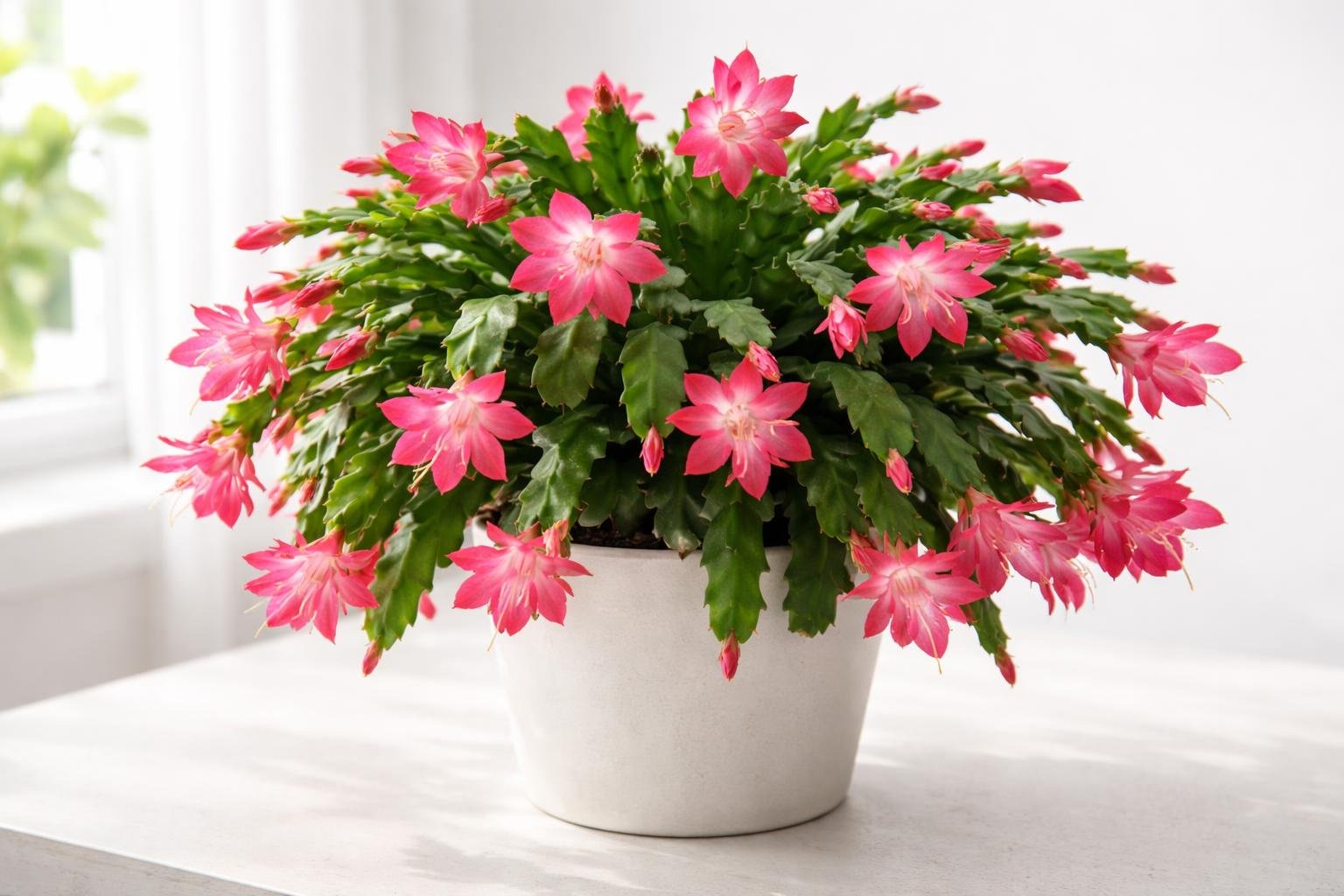 A blooming Christmas cactus plant with pink and red flowers and green segmented leaves in a pot on a bright background.
