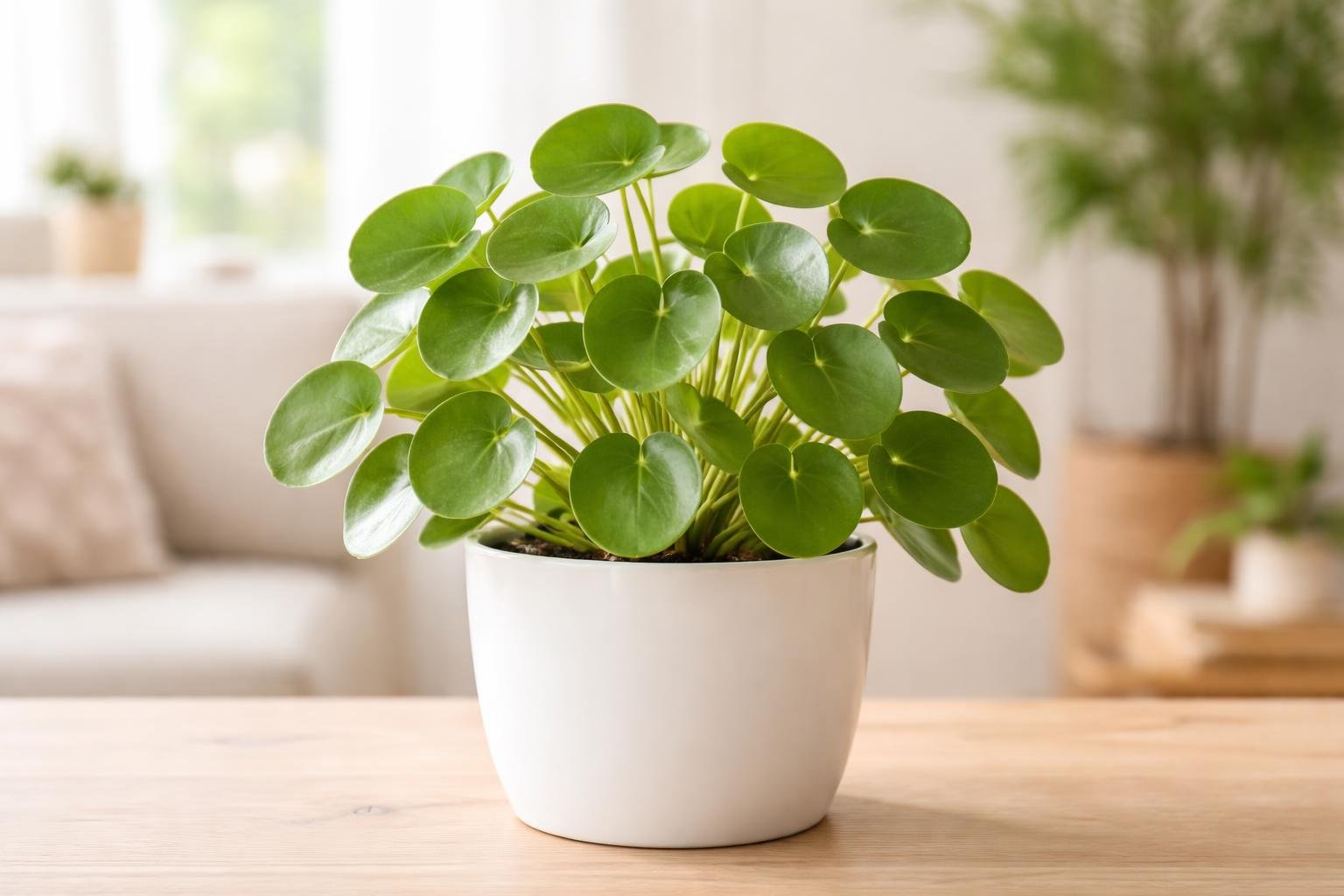 A healthy Friendship plant (Pilea peperomioides) with round green leaves in a white pot on a wooden surface indoors.