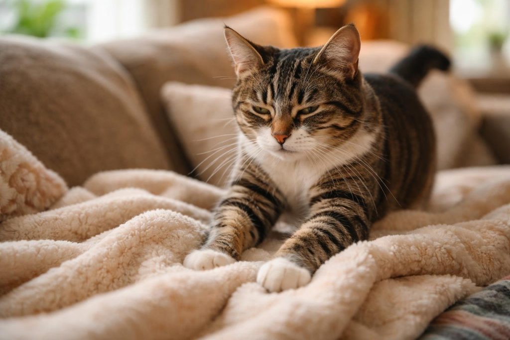 A domestic cat kneading a soft blanket on a sofa in a cozy living room.