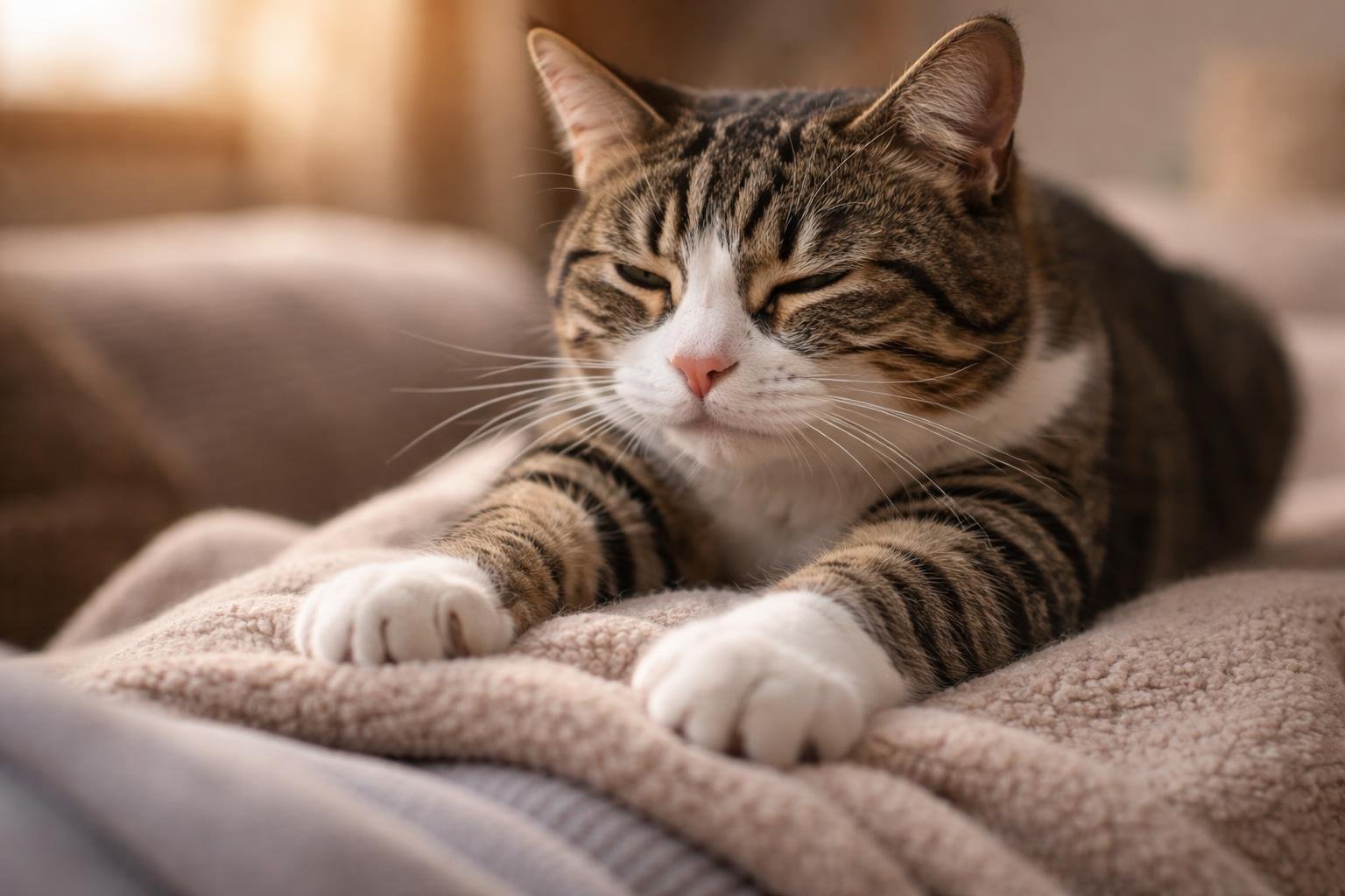 A cat peacefully kneading a soft blanket with its front paws while resting indoors.