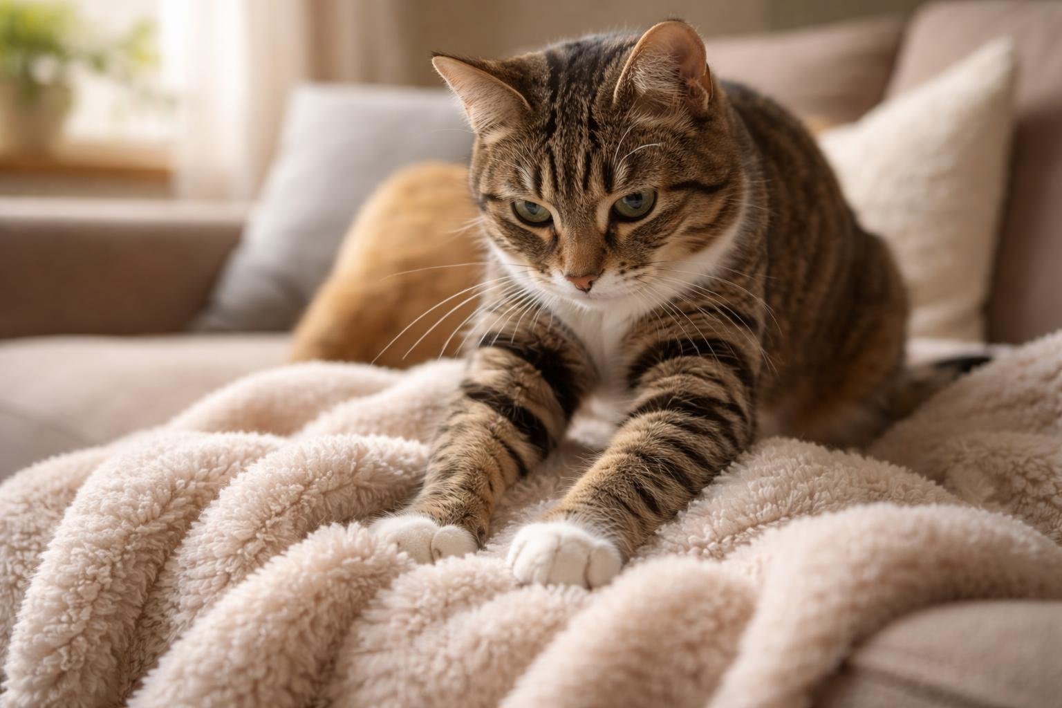 A domestic cat kneading a soft blanket on a couch in a cozy, sunlit room.