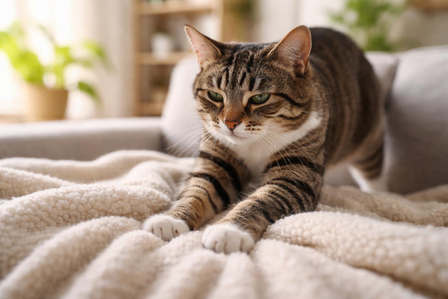 A tabby cat kneading a blanket on a couch in a sunlit living room.