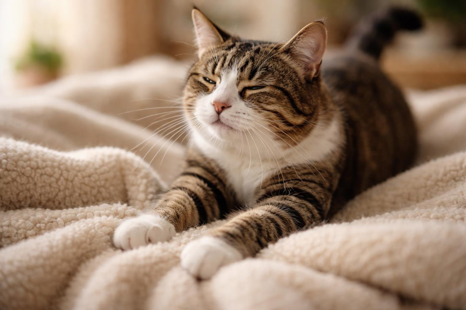 A cat kneading a soft blanket with its paws, looking relaxed and content indoors.