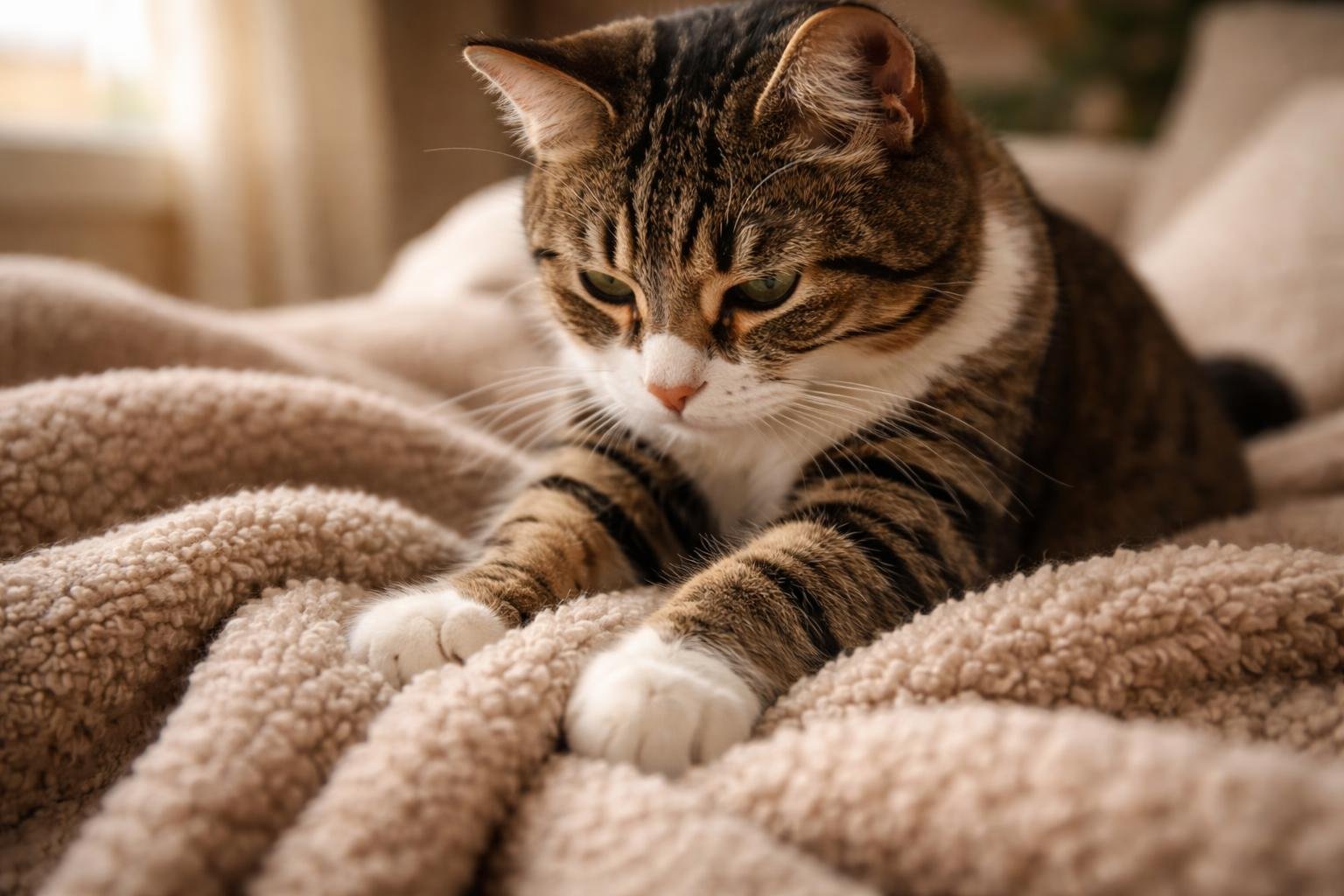 A cat kneading a soft blanket with its front paws in a cozy indoor setting.