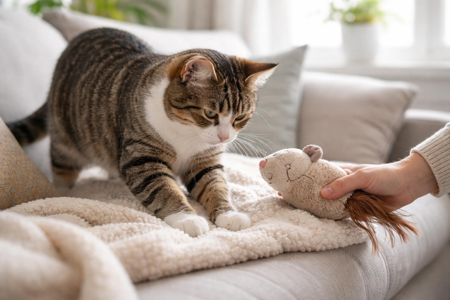 A cat kneading a blanket on a couch while a person gently redirects it with a cat toy.