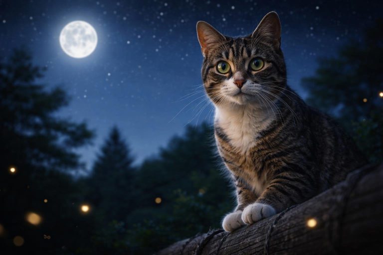 A cat sitting on a wooden fence at night with a full moon and stars in the sky.