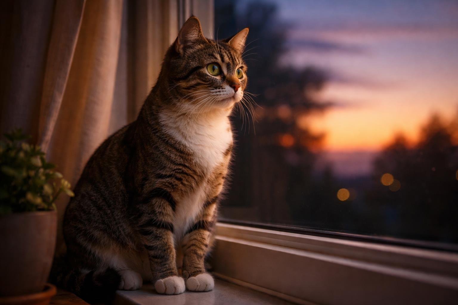 A domestic cat sitting on a windowsill looking outside at twilight with a sunset sky in the background.