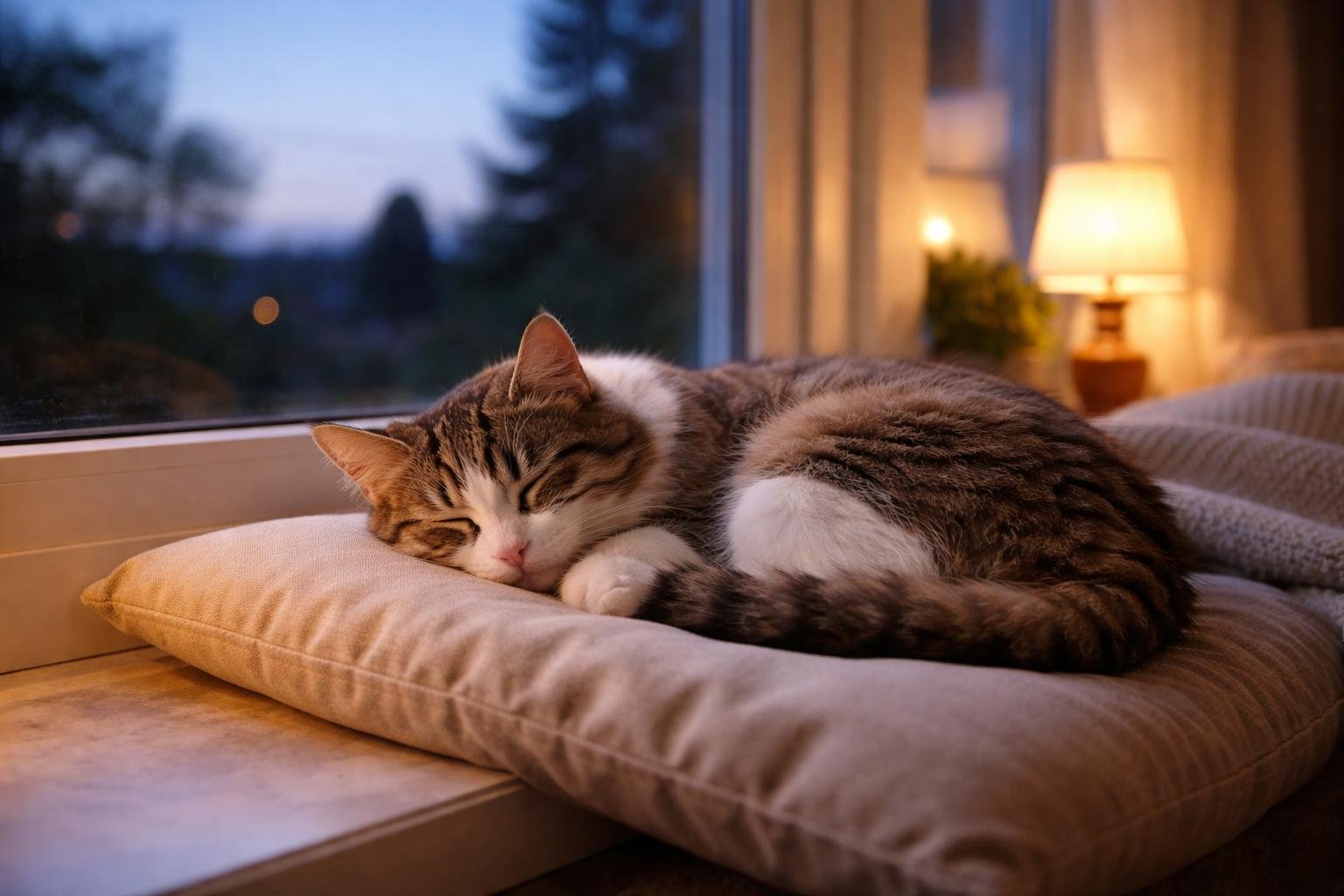 A domestic cat sleeping curled up on a cushion by a window at twilight.
