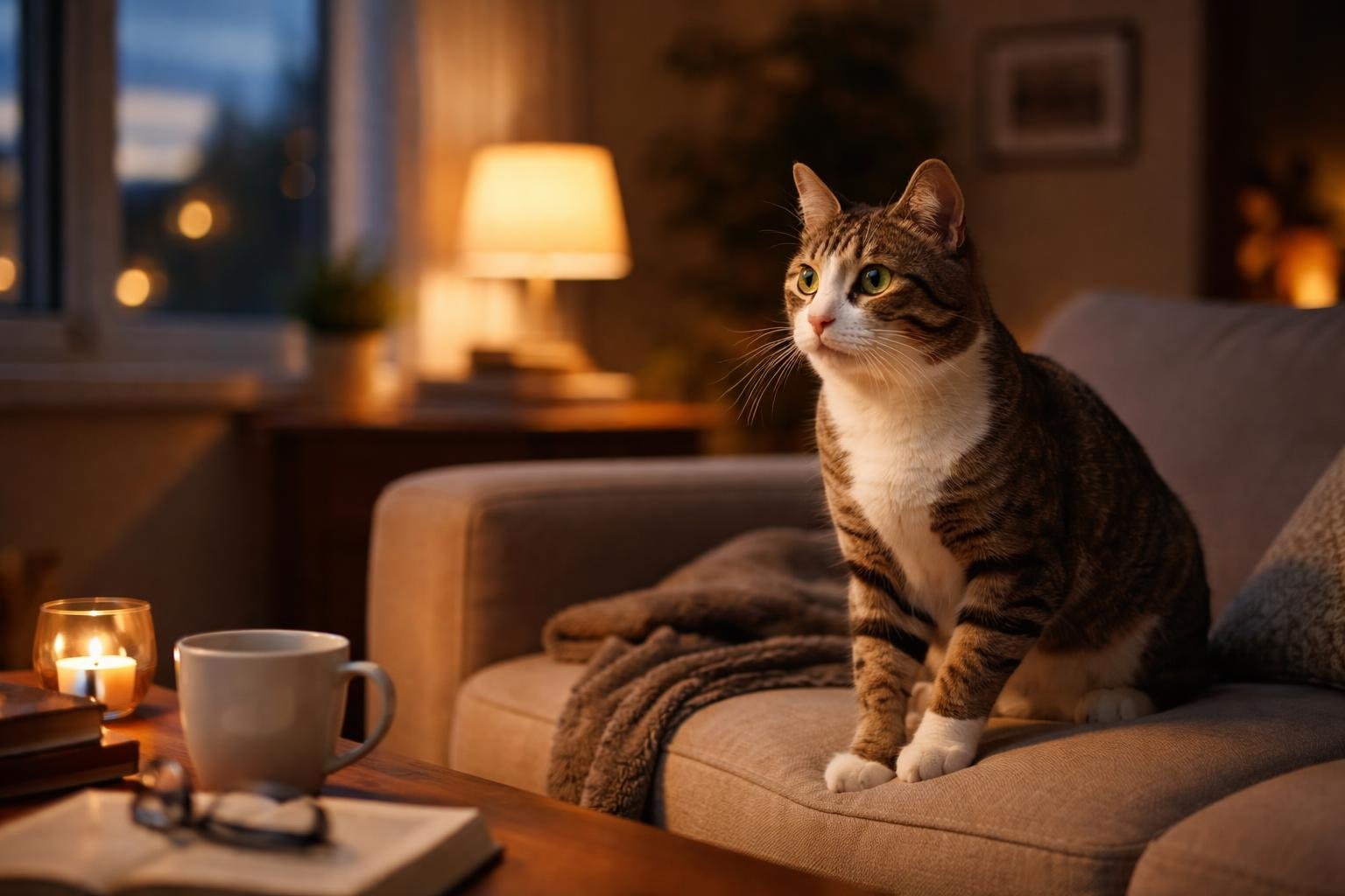 A domestic cat sitting alert on a sofa in a warmly lit living room at dusk.