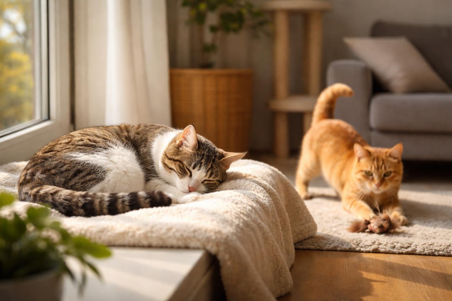 A domestic cat sleeping on a sunlit windowsill while another cat is awake and playing nearby in a cozy home setting.