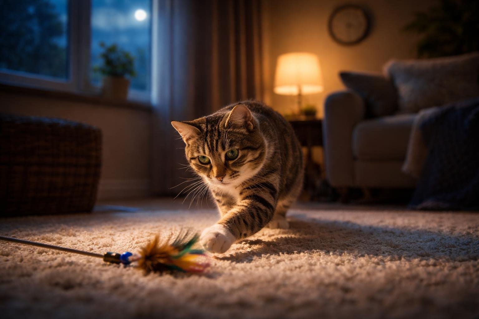 A domestic cat playing or moving inside a softly lit living room at night with moonlight coming through the window.