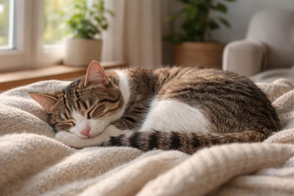 A domestic cat sleeping curled up on a blanket by a sunlit window in a cozy room.