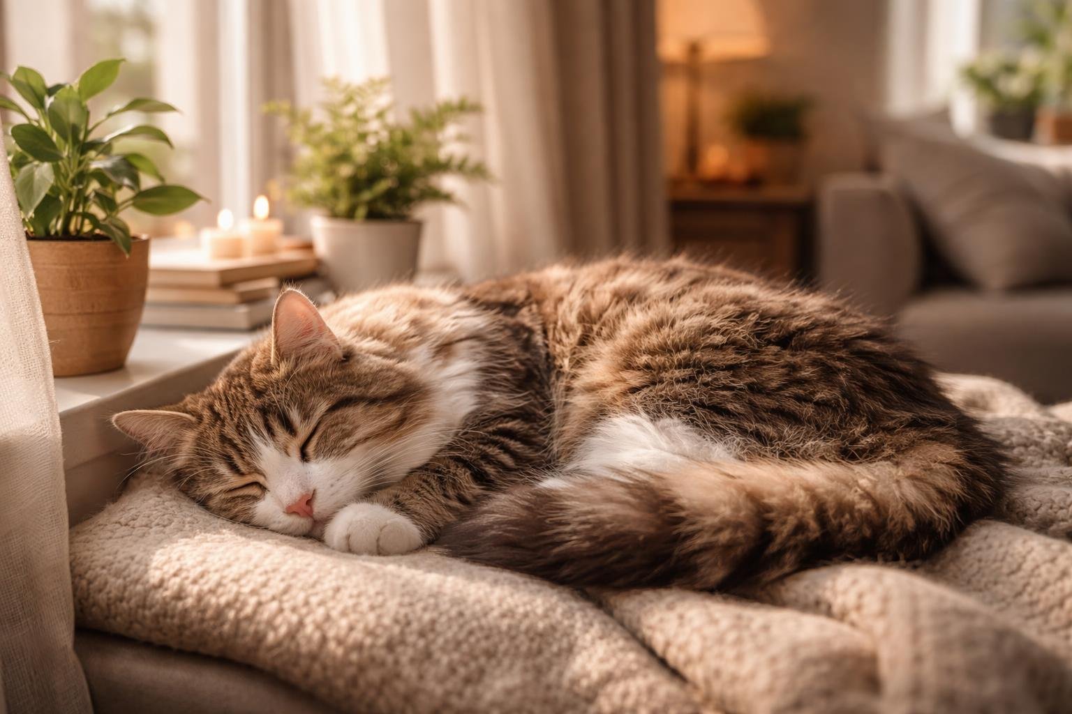 A fluffy cat sleeping curled up on a sunlit windowsill in a cozy living room.