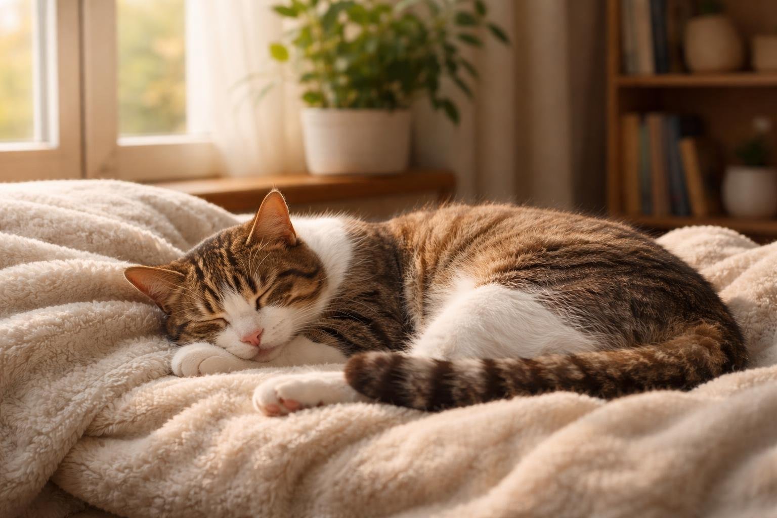 A domestic cat sleeping peacefully curled up on a soft blanket near a sunlit window in a cozy room.