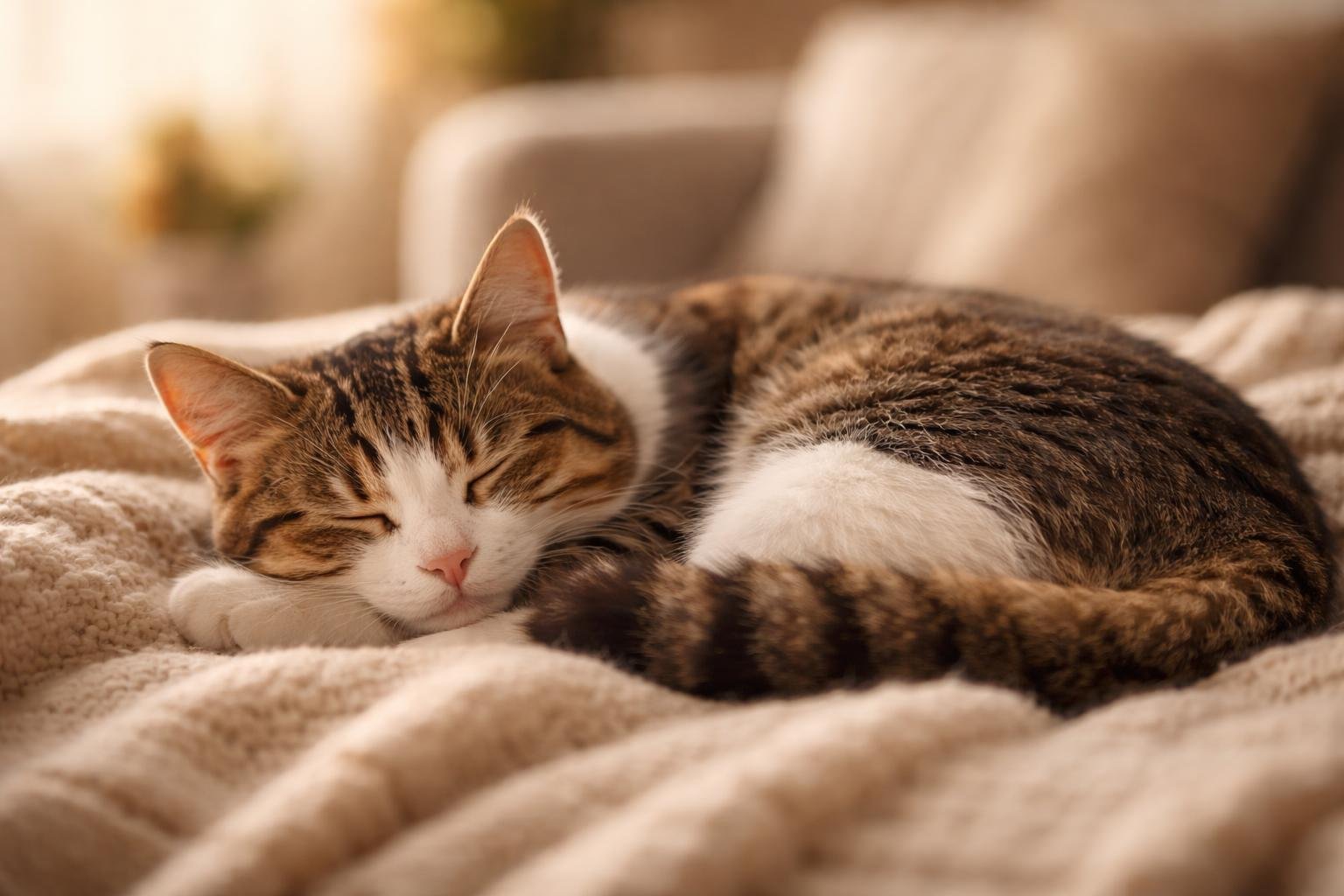 A domestic cat sleeping curled up on a soft blanket in a sunlit indoor setting.