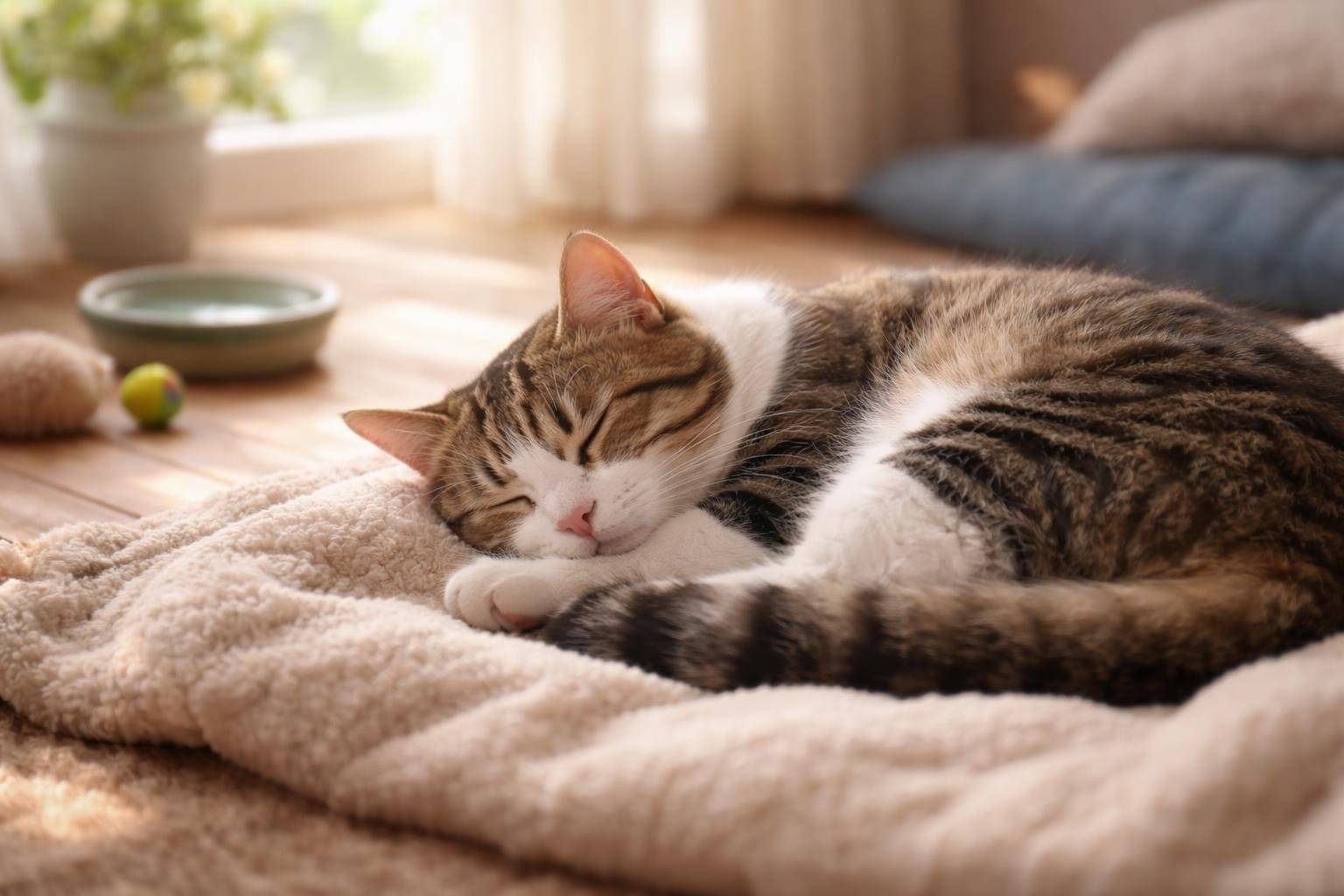 A domestic cat sleeping curled up on a soft blanket near a sunlit window inside a quiet room.