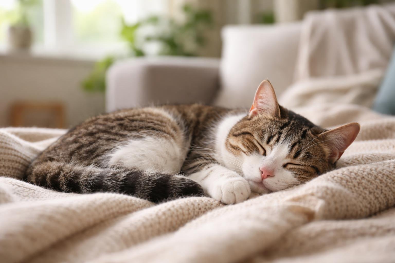 A domestic cat sleeping peacefully curled up on a soft blanket in a cozy living room.