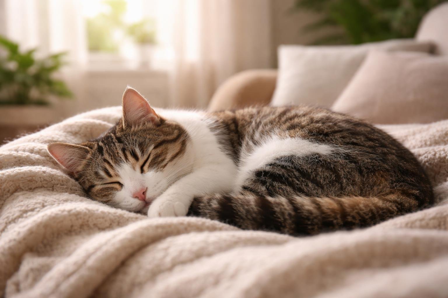 A domestic cat peacefully sleeping curled up on a soft blanket in a sunlit room.