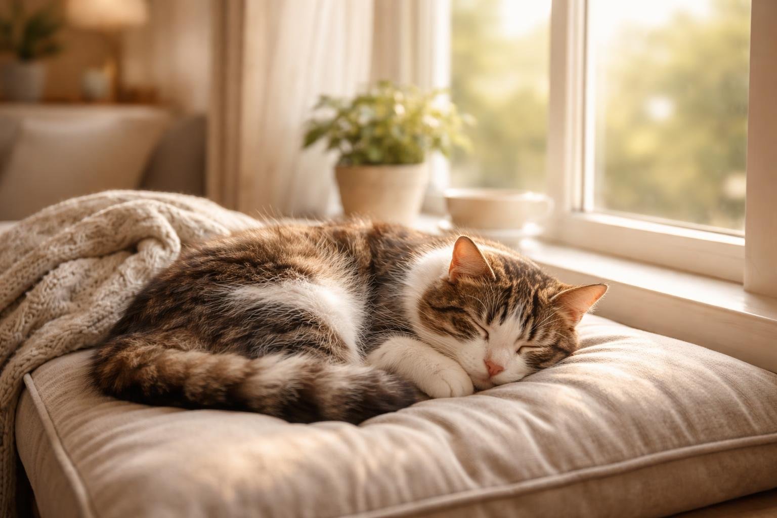 A domestic cat sleeping peacefully on a sunlit windowsill cushion in a cozy living room.