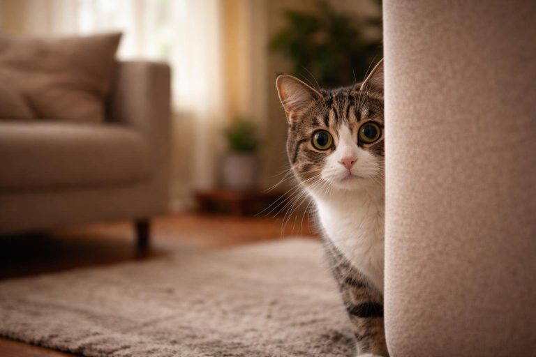 A cat peeking out cautiously from behind a piece of furniture in a living room.