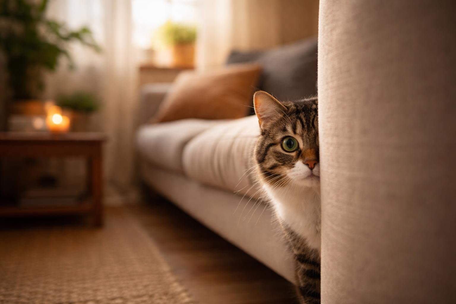 A domestic cat partially hidden behind furniture in a cozy living room, peeking out cautiously.