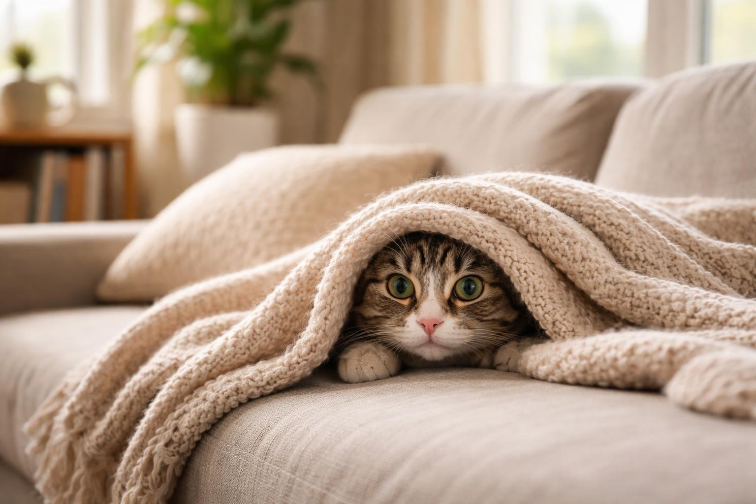 A cat peeking out from under a blanket on a couch in a cozy living room.