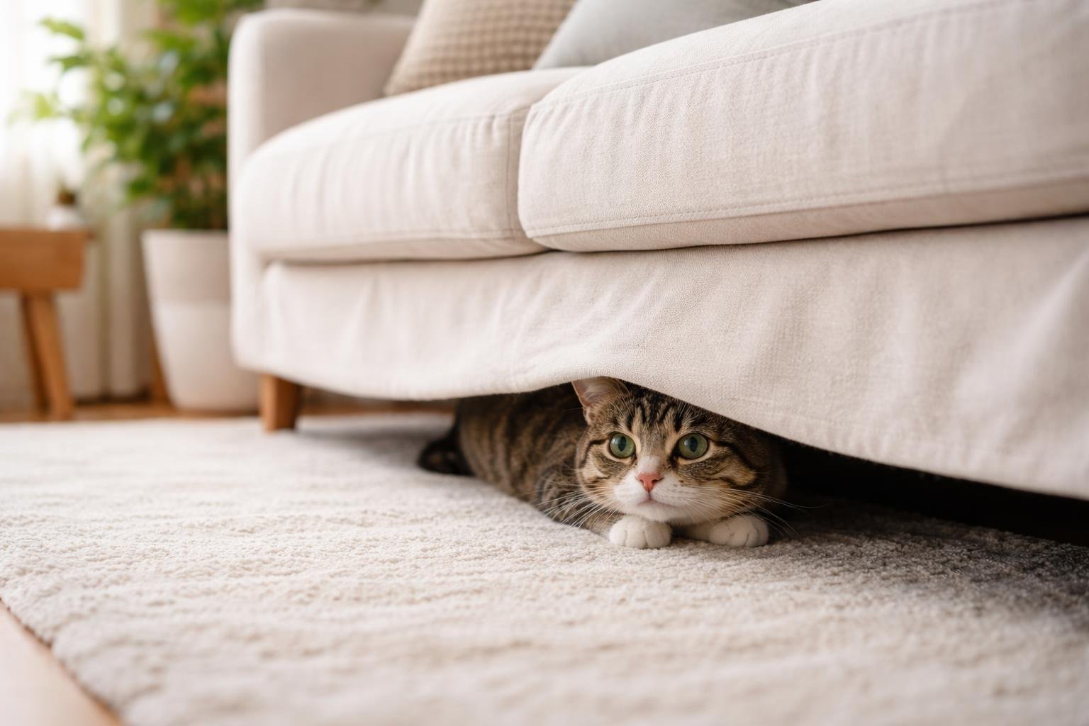 A domestic cat partially hidden under a couch in a tidy living room, looking alert and comfortable.