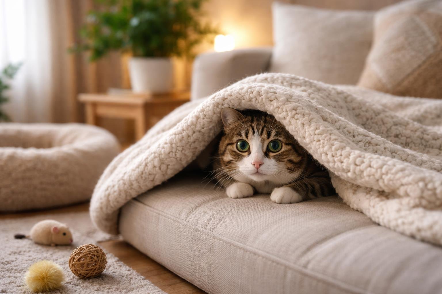 A domestic cat partially hiding under a blanket on a couch in a cozy indoor setting.