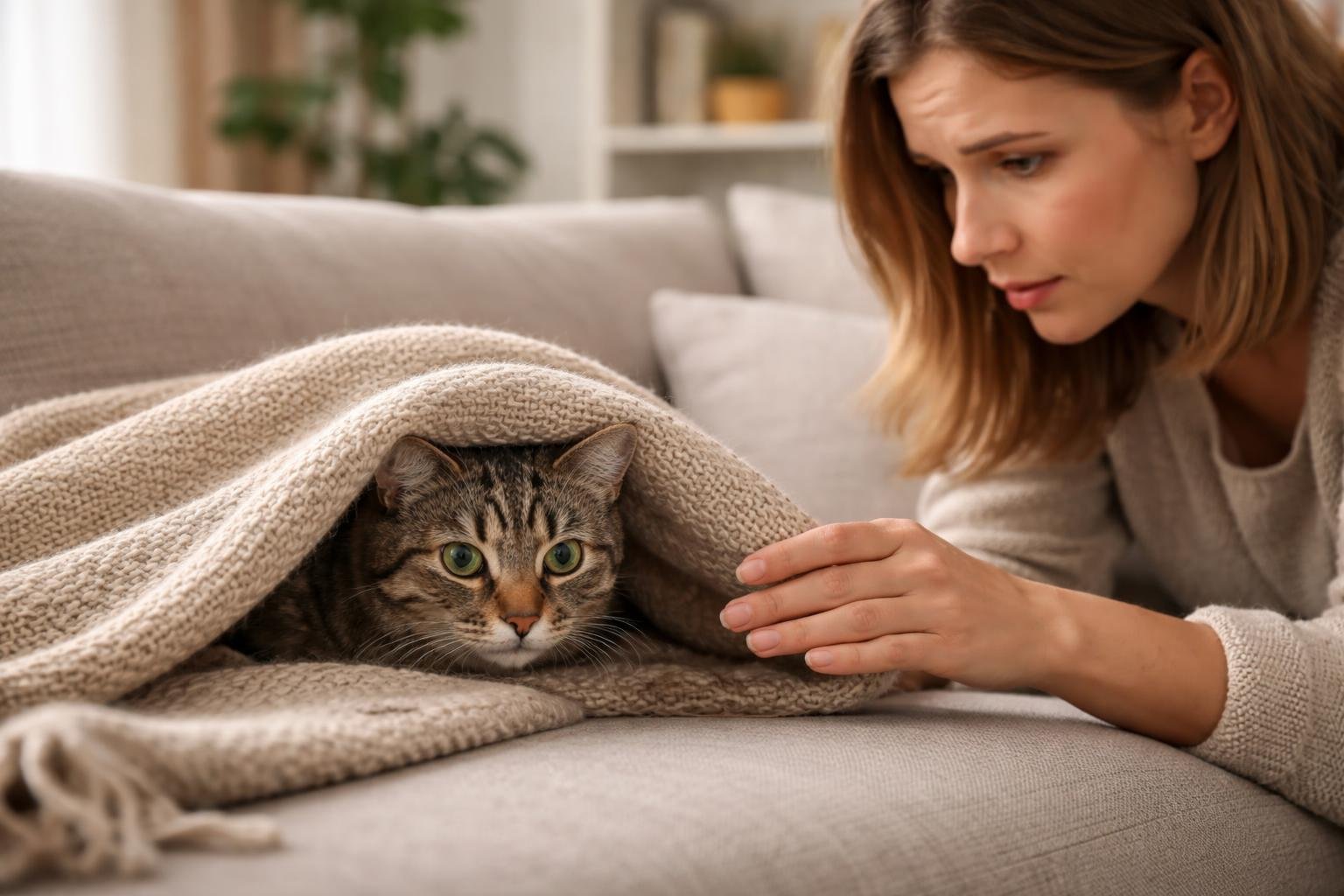 A cat partially hiding under a blanket on a couch while a woman gently reaches toward it in a living room.