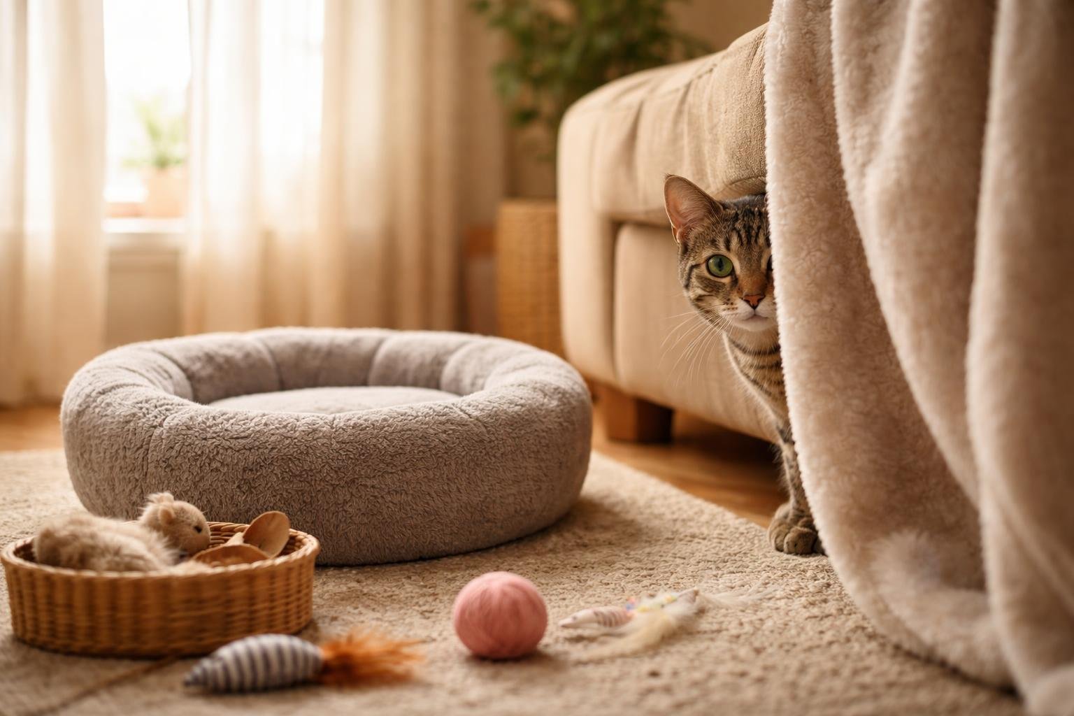 A cat hiding partially behind a blanket in a cozy living room with soft natural light.