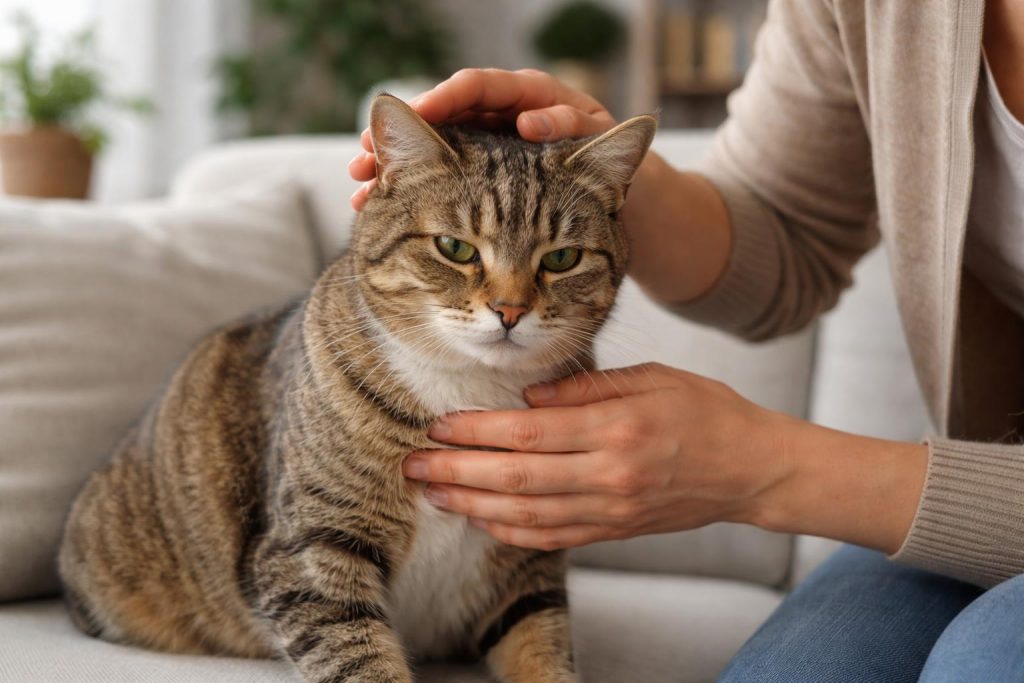 A person gently examining a cat indoors, checking its eyes and ears while the cat sits calmly on a couch.