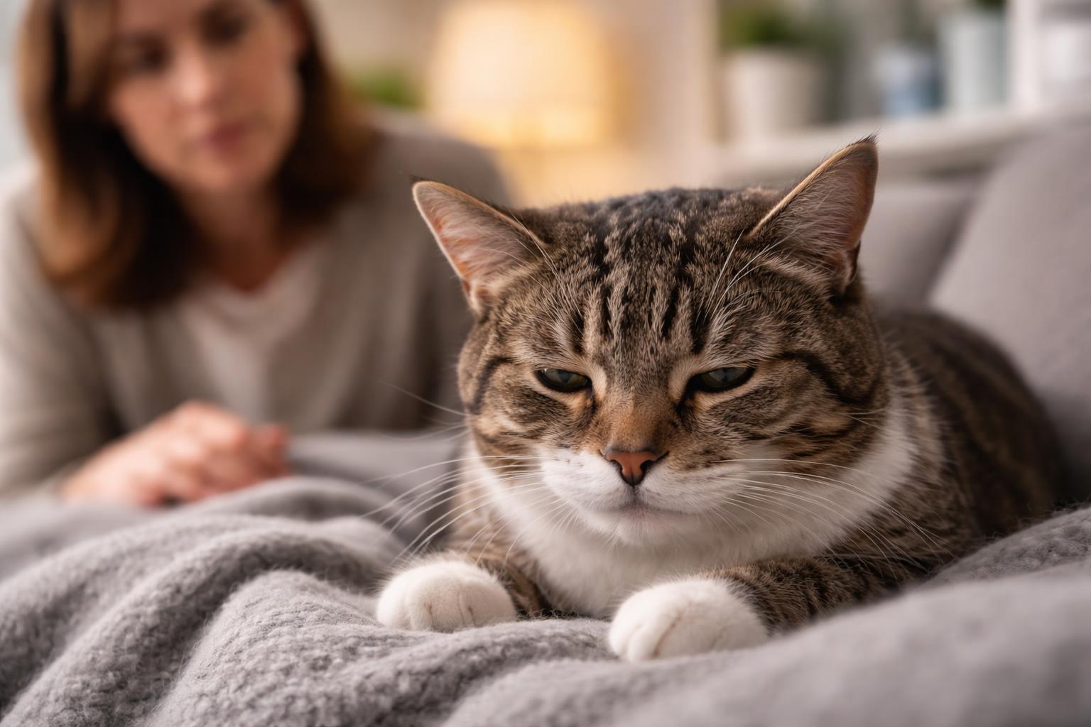 A domestic cat resting quietly on a soft blanket while a person watches attentively nearby.