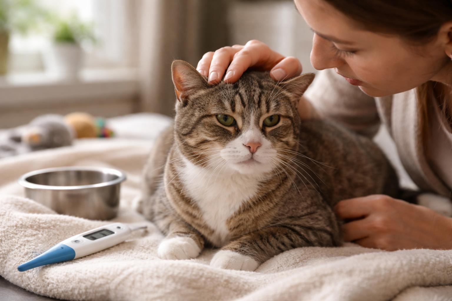 A person gently examining a calm cat indoors, showing care and concern for the cat's health.