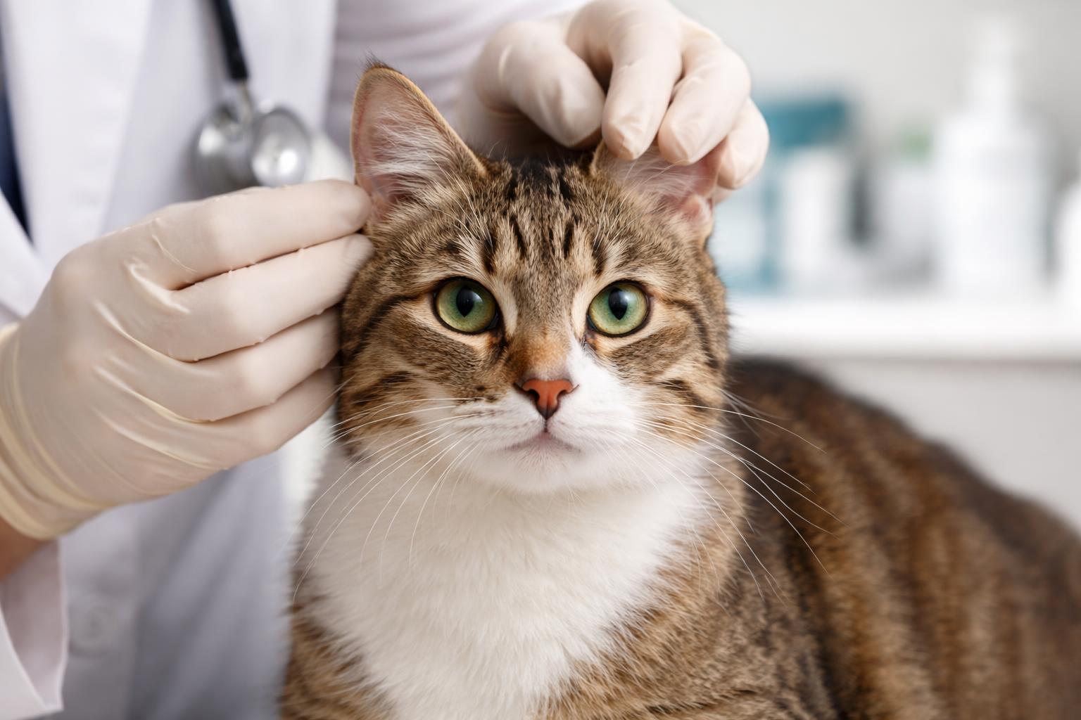 A close-up of a cat being examined by a veterinarian focusing on the cat's eyes, ears, and skin.