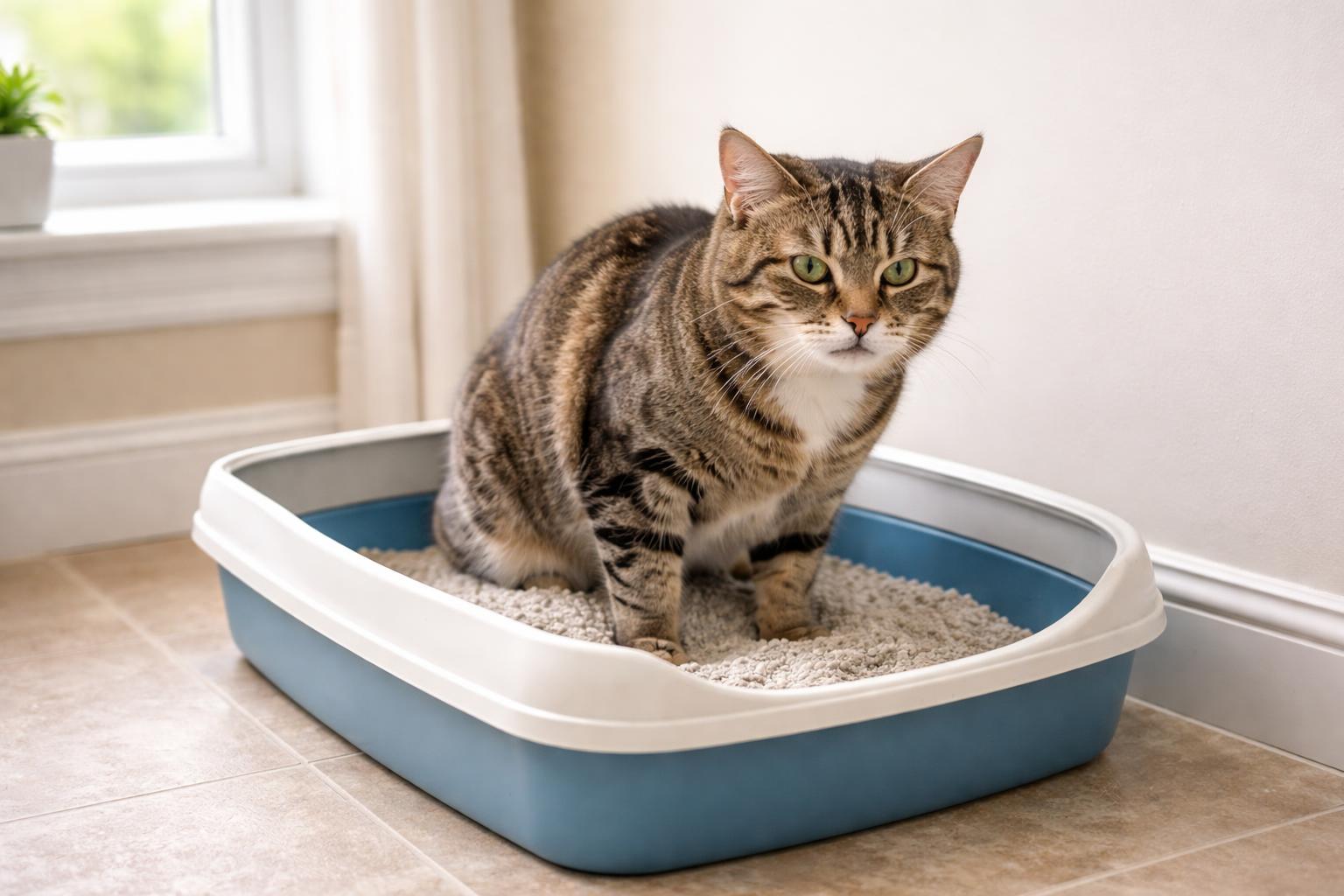 A cat near a litter box in a home bathroom, looking uncomfortable.