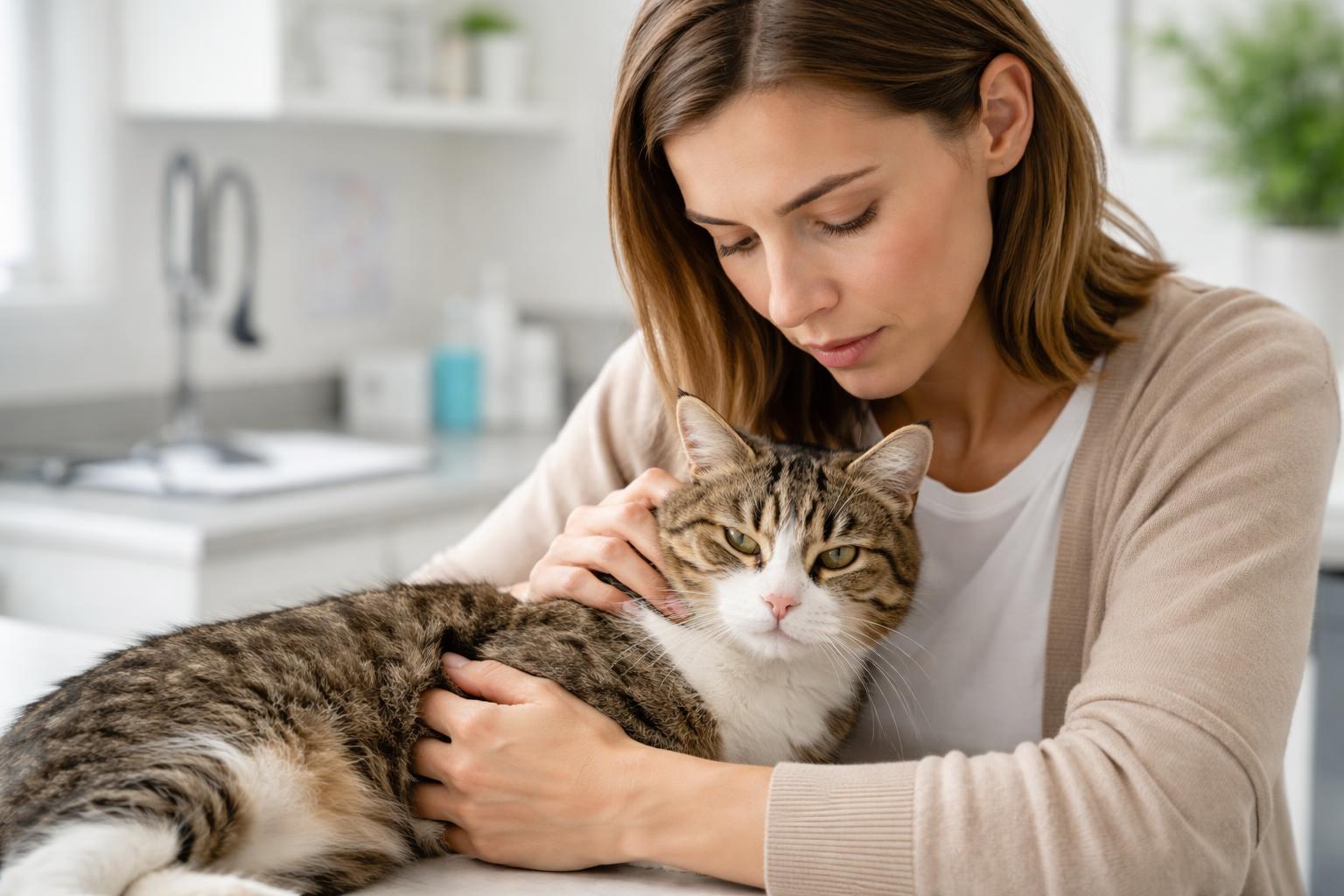 A woman gently holding a sick cat in a veterinary clinic, looking concerned.