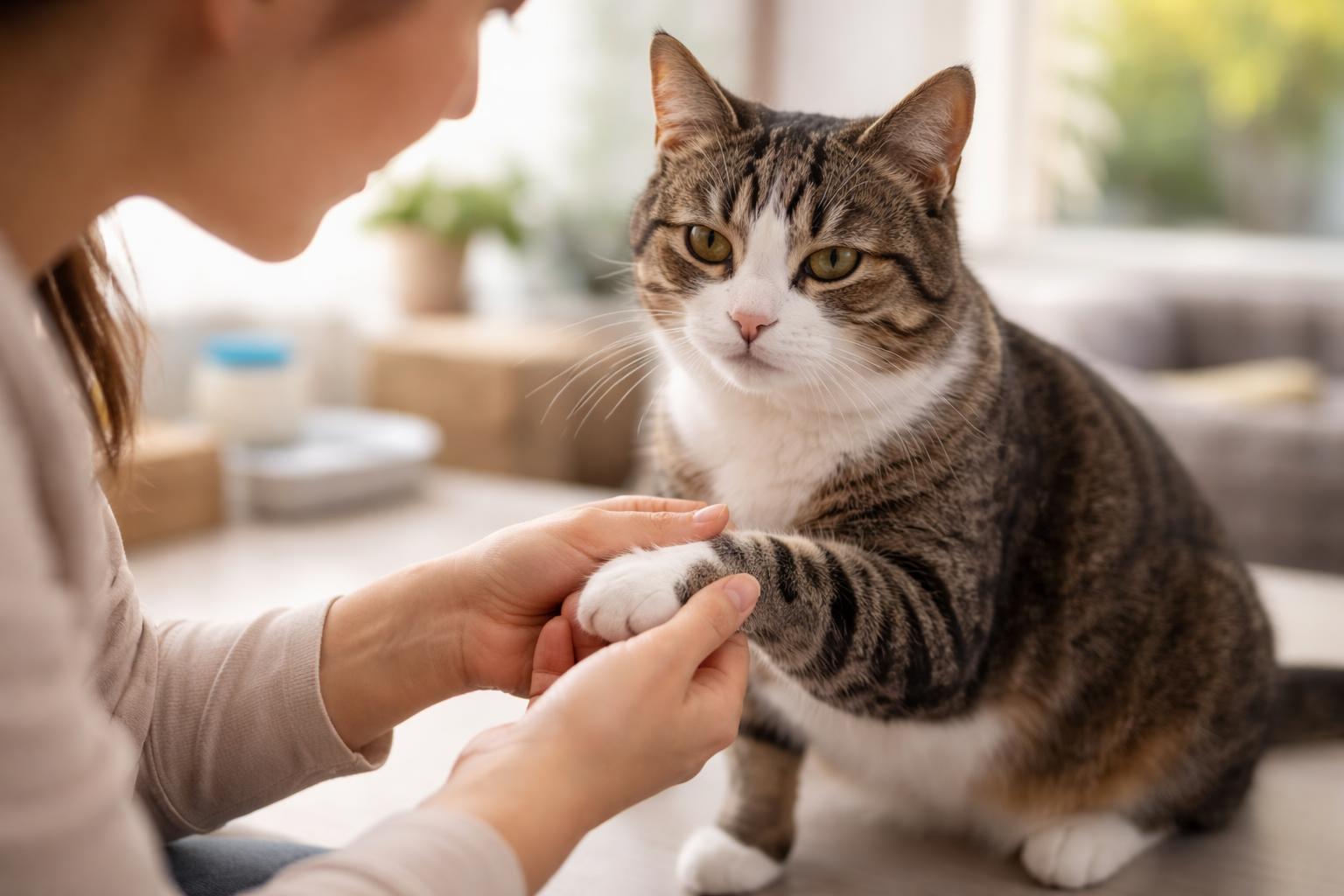 A person gently examining a calm cat indoors, focusing on the cat's health and wellbeing.