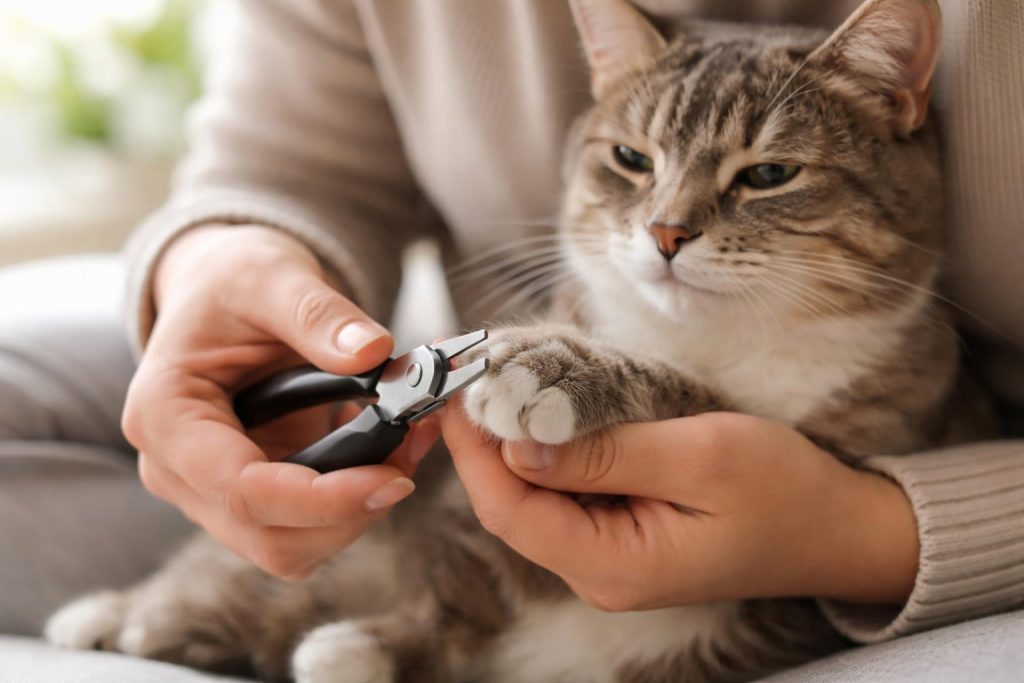 A person gently trimming the nails of a calm cat using a pet nail clipper.