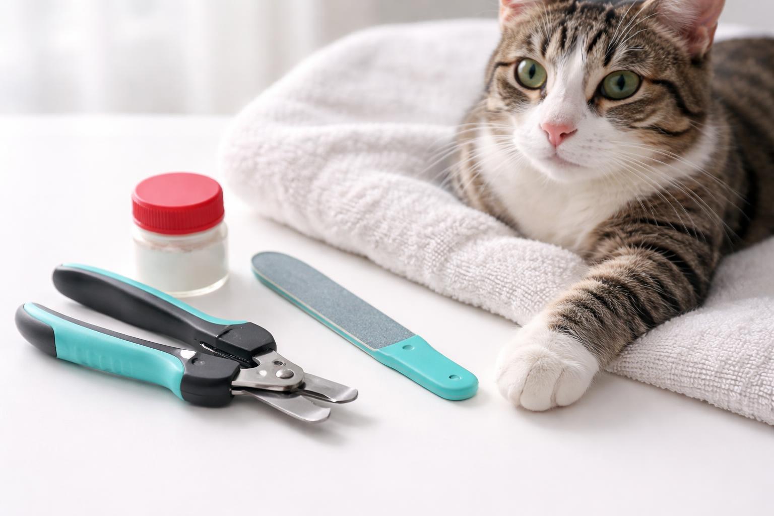 A calm cat resting on a towel with essential nail trimming tools including clippers, a nail file, and styptic powder arranged nearby on a white surface.