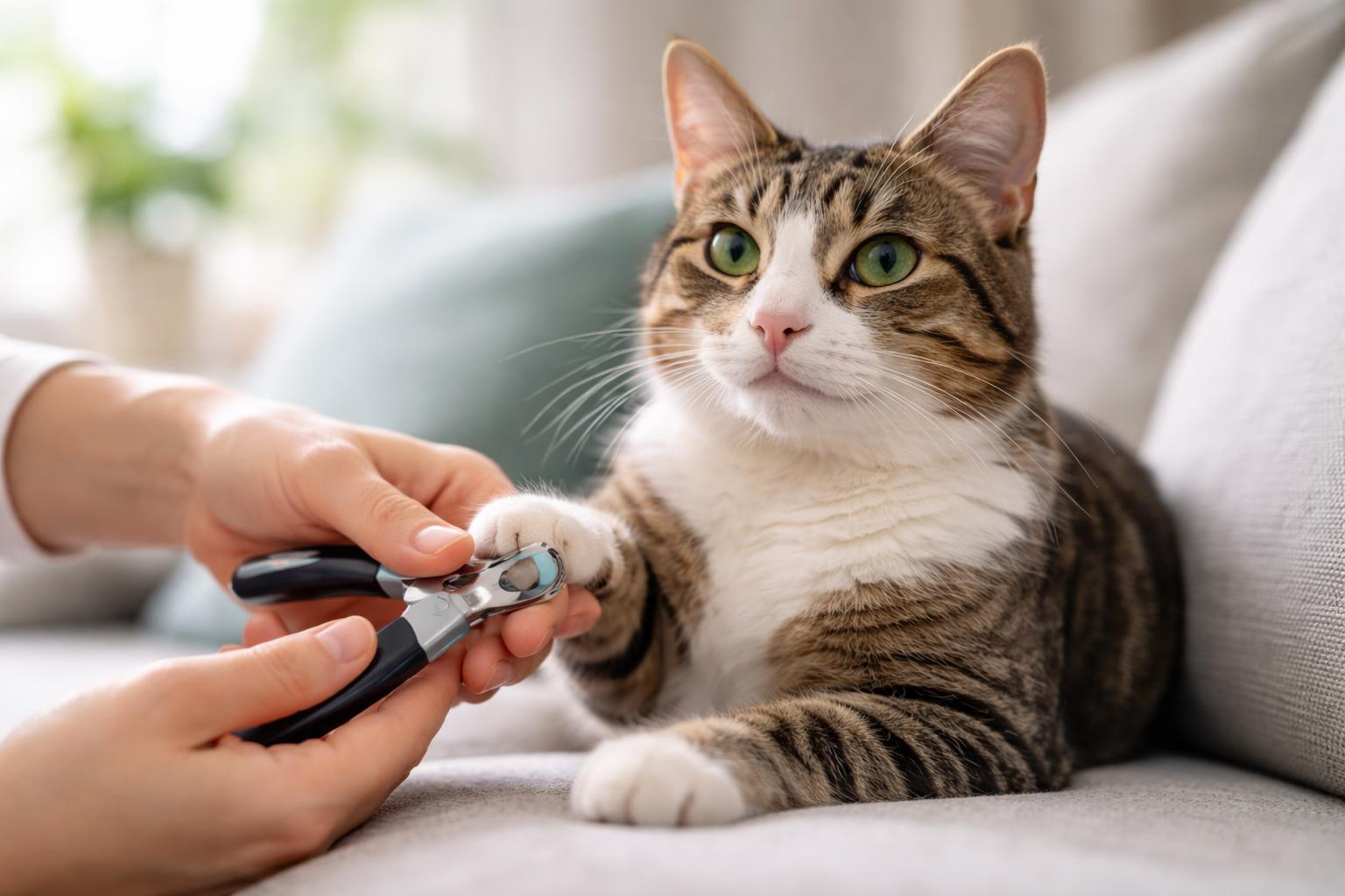 A person gently holding a cat's paw indoors, preparing to trim its nails.