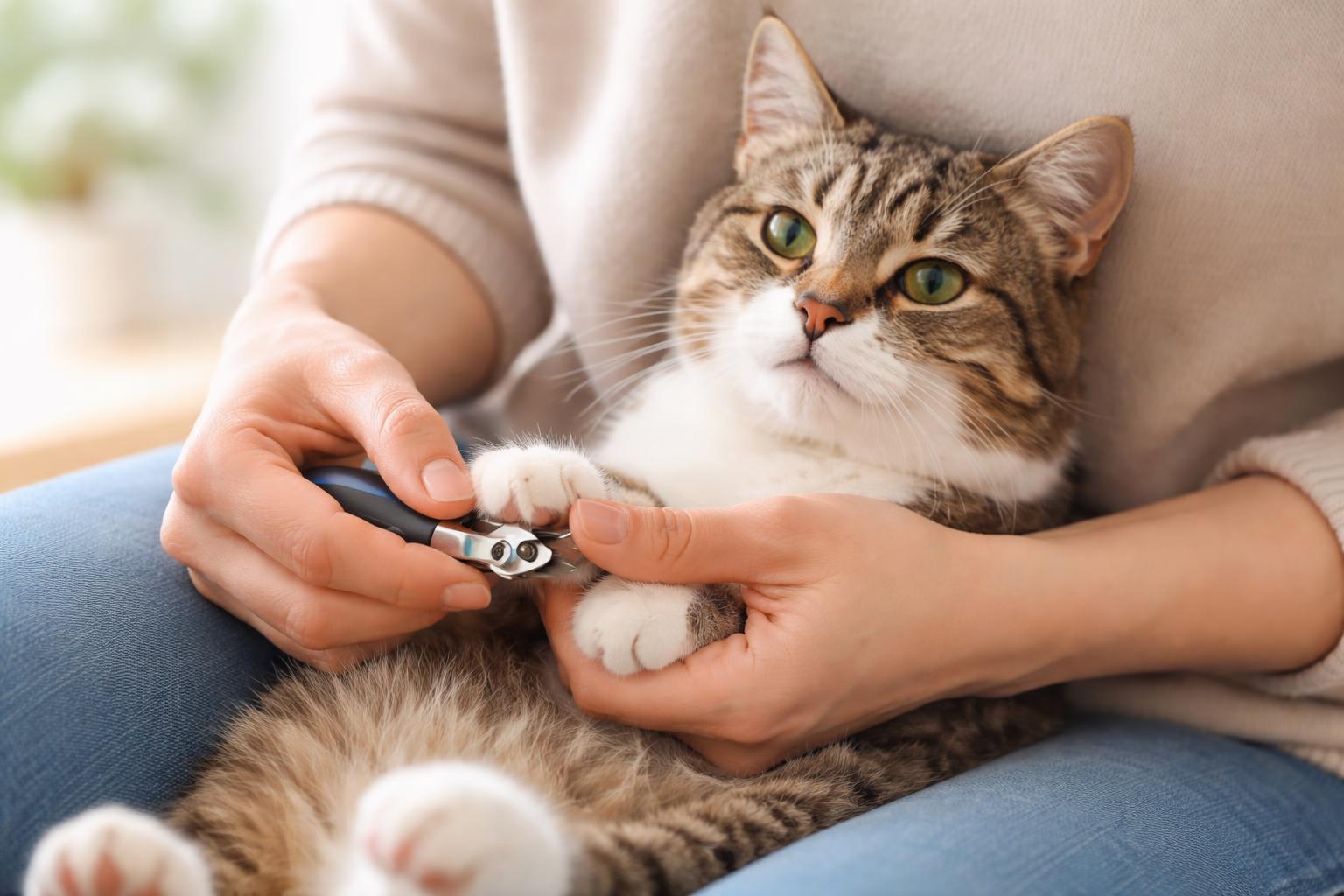 A person gently holding a cat's paw while trimming its nails.