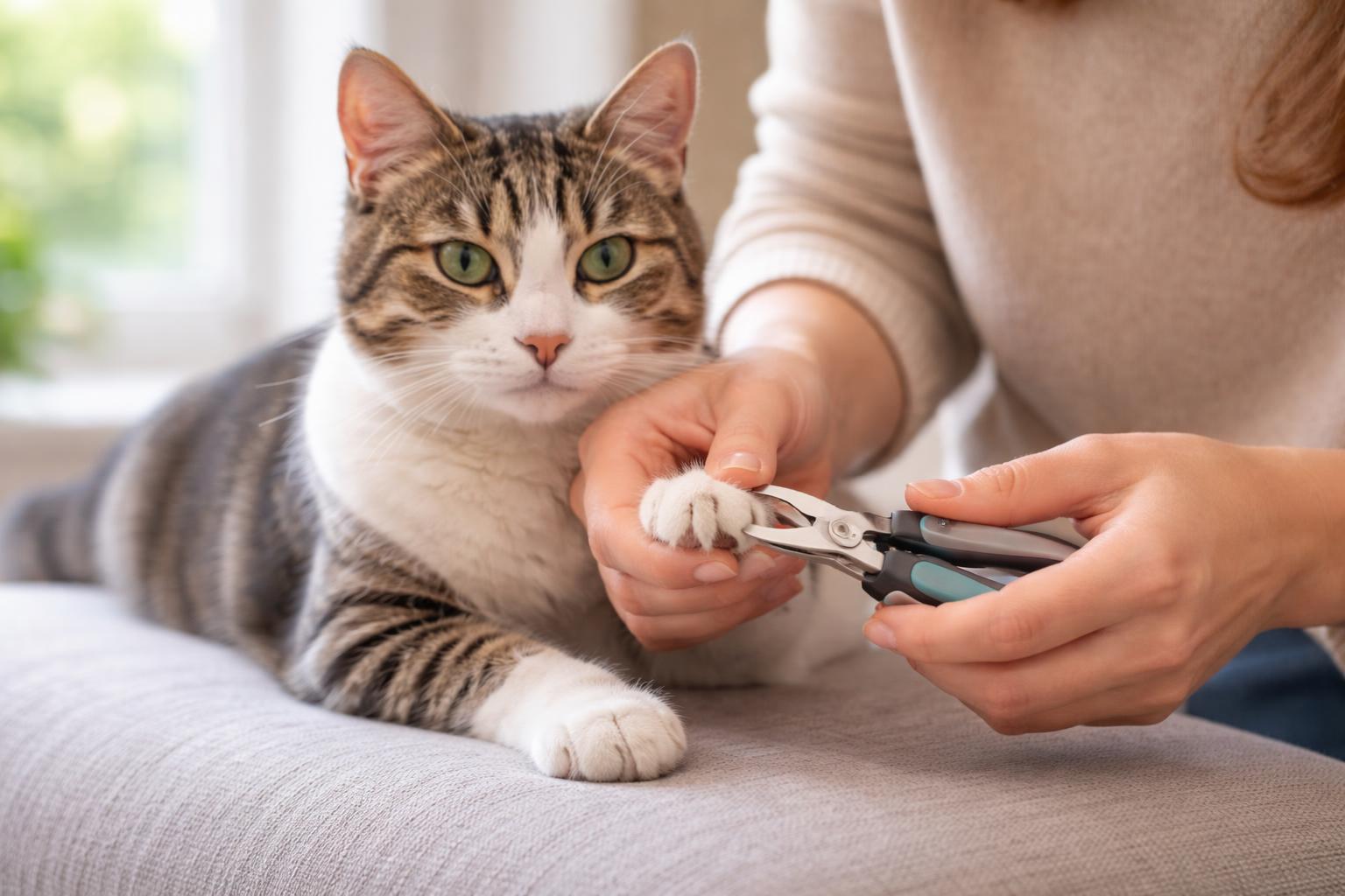 A person gently trimming a calm cat's nails while holding its paw.