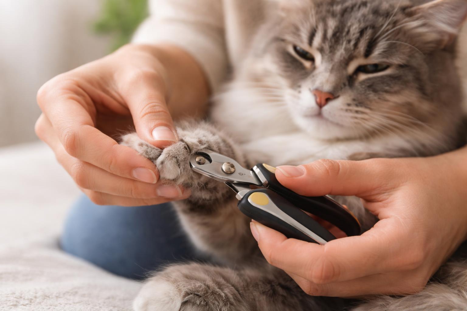 Close-up of a person carefully trimming a cat's nails while the cat sits calmly.