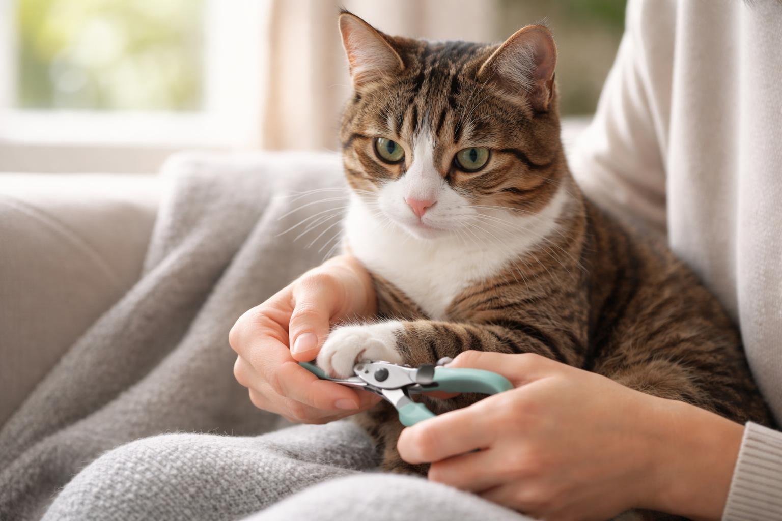 A person gently trimming a calm cat's nails indoors.