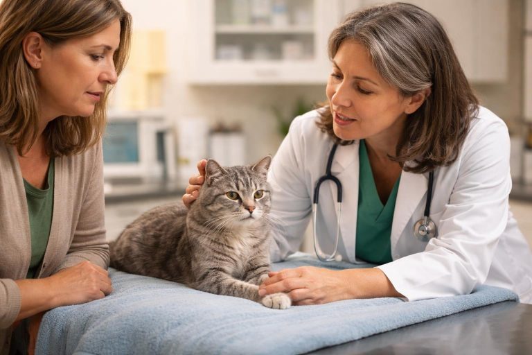 A veterinarian gently comforting an elderly cat on an examination table while a concerned pet owner watches nearby in a veterinary clinic.